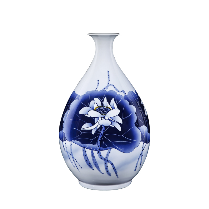 Jingdezhen ceramics famous hand - made modern Chinese blue and white porcelain vase peony lotus sitting room adornment ornament