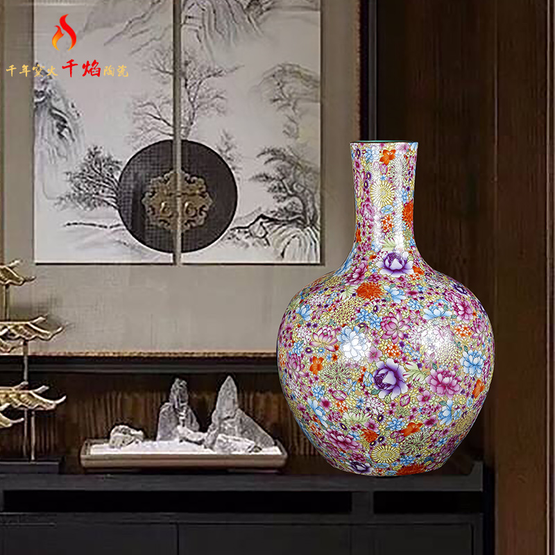Jingdezhen ceramic antique qianlong pastel flower vases, Chinese style living room decorations rich ancient frame tree