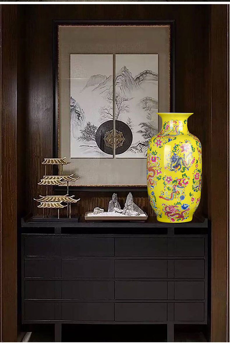 Jingdezhen ceramics vase landing longfeng grain yellow idea gourd bottle of modern Chinese style living room decoration furnishing articles flower arrangement