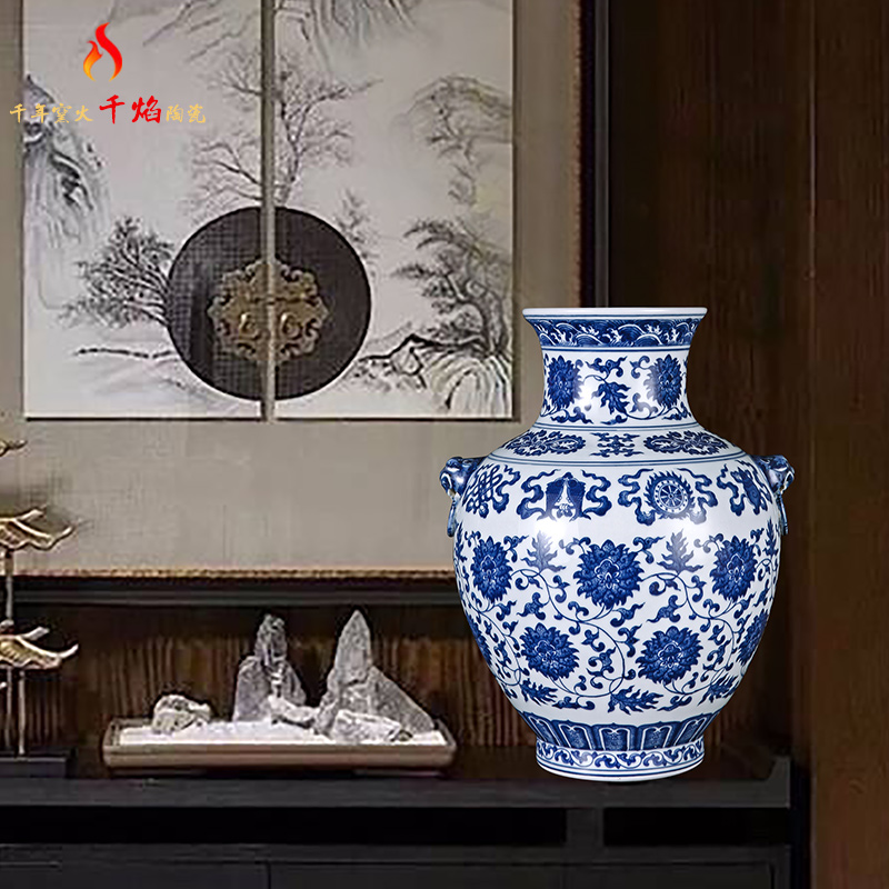 Jingdezhen ceramic hand - made put lotus flower ear vase of blue and white porcelain flower arranging rich ancient frame sitting room of Chinese style household furnishing articles