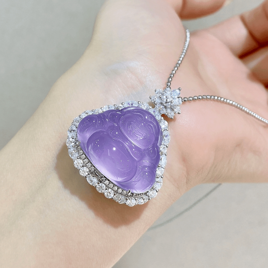 Серебряное ожерелье 新中式花头巴西紫玉髓围镶小佛公吊坠项链女925银镀金轻奢高级感