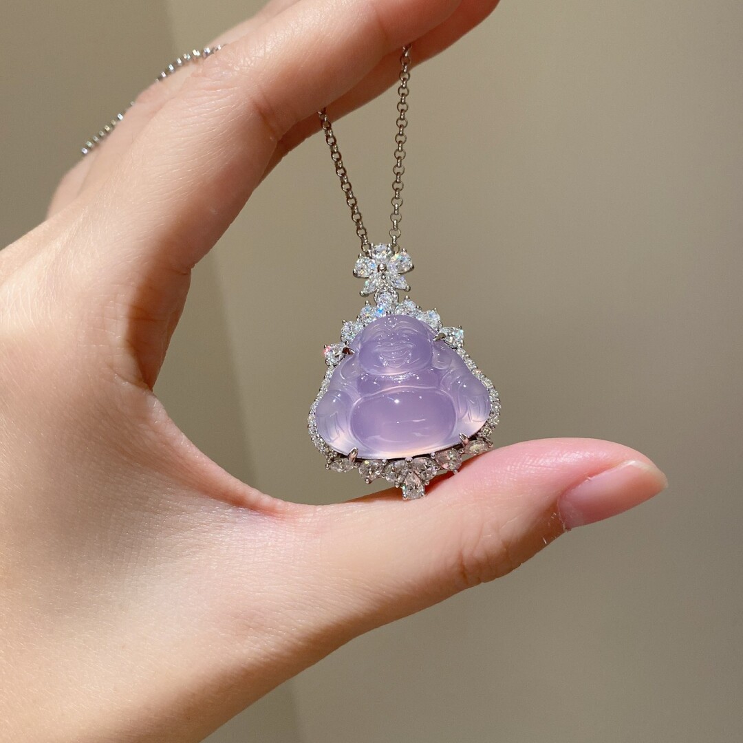 Серебряное ожерелье 新中式花头巴西紫玉髓围镶小佛公吊坠项链女925银镀金轻奢高级感