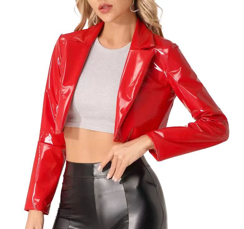Mirror Pu Leather Short Red Jacket Nightclub Performance Costume Stage Bar Waist-Revealing Four-Way Stretch Lapel Long-Sleeve Top