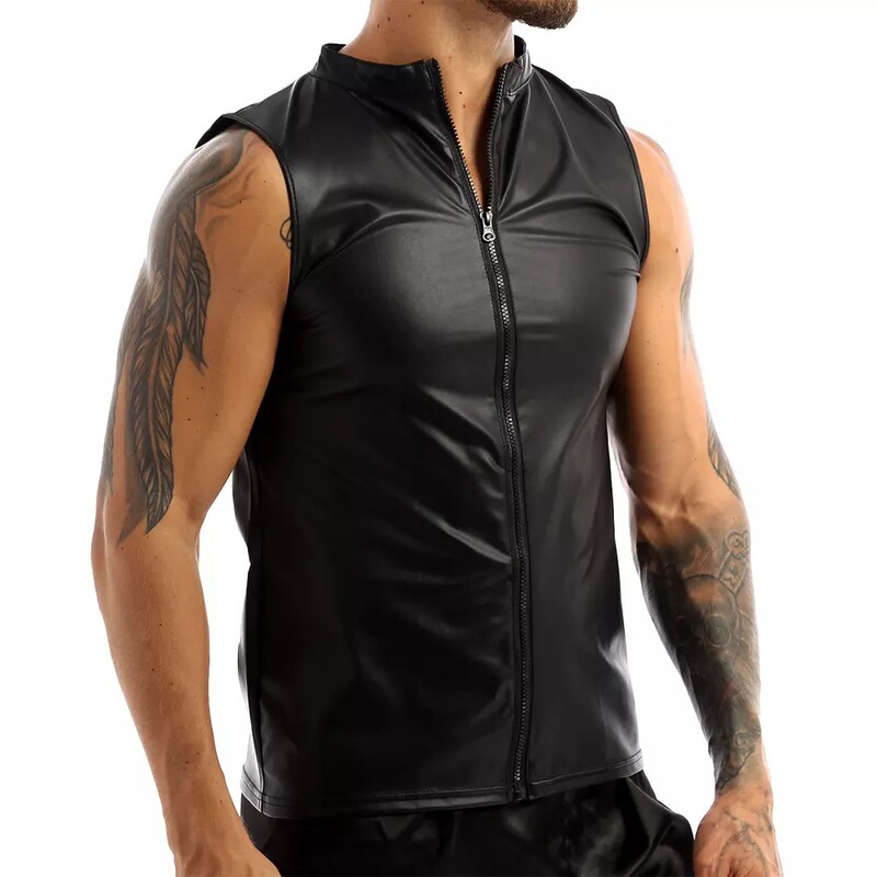Men's Sexy Matte Leather Vest, Stretchy, Large Size, Sleeveless, Zippered, Slim Fit, Stand Collar, Thin Casual Performance Clothing