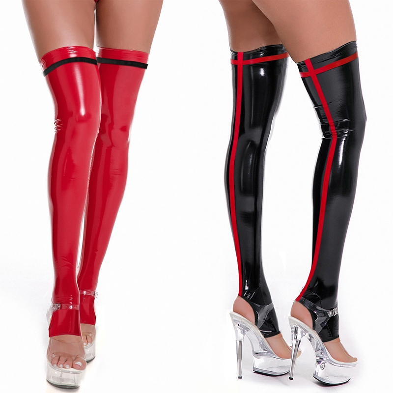Mirror-Like Pu Leather Cross-Pattern Glossy Over-The-Knee Leather Stockings, Fashionable Party Leg-Enhancing Elastic Large Size High Tube Couple Thin Stockings