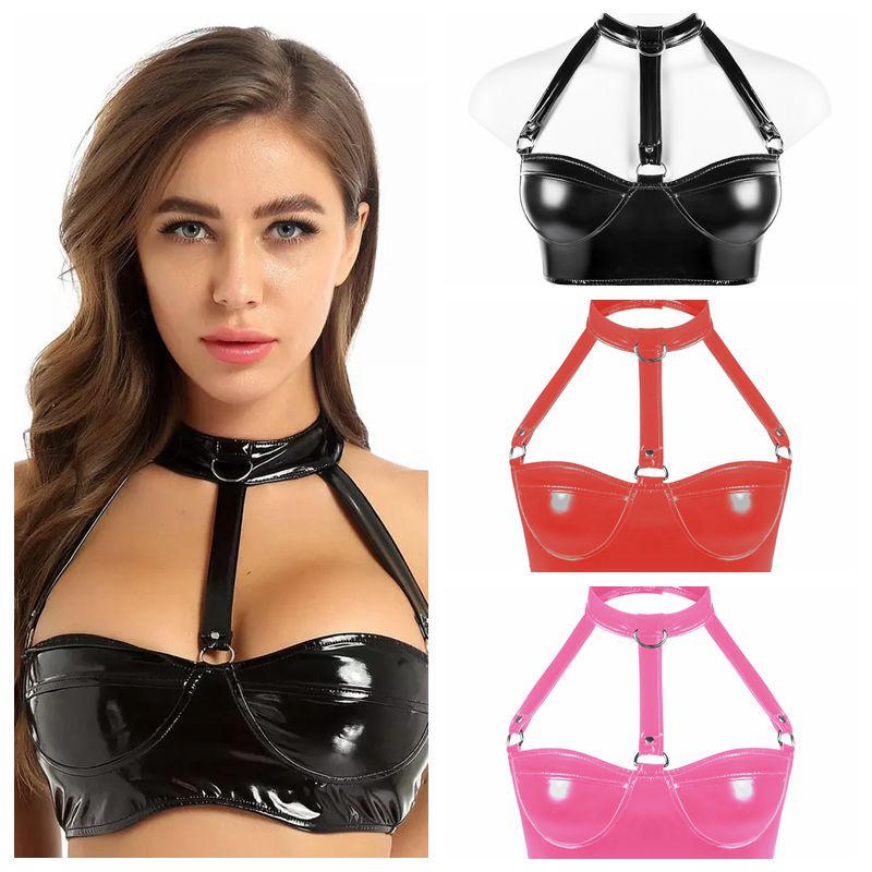 High-Gloss Patent Leather Sexy Halter Neck Bra with Five Rows of Buckles, Elastic Large Size Ring Pvc Bra Tank Top High-Gloss Patent Leather Sexy Halter Neck Bra with Five Rows of Buckles, Elastic Large Size Ring Pvc Bra Tank Top
