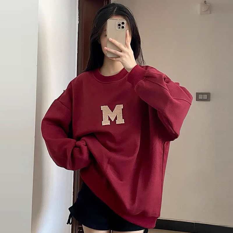 American retro autumn and winter round neck thick cotton T women's 2022 new loose simple all-match couple tide brand coat top clothes