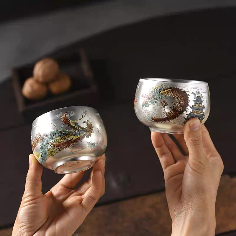 Silver Cup 999 Pure Silver Genuine Zhou Hongjie Dragon and Phoenix Silver Tea Cup Pure Silver Tea Cup Master Cup High-End Personal Use Silver Cup 999 Pure Silver Genuine Zhou Hongjie Dragon and Phoenix Silver Tea Cup Pure Silver Tea Cup Master Cup High-End Personal Use