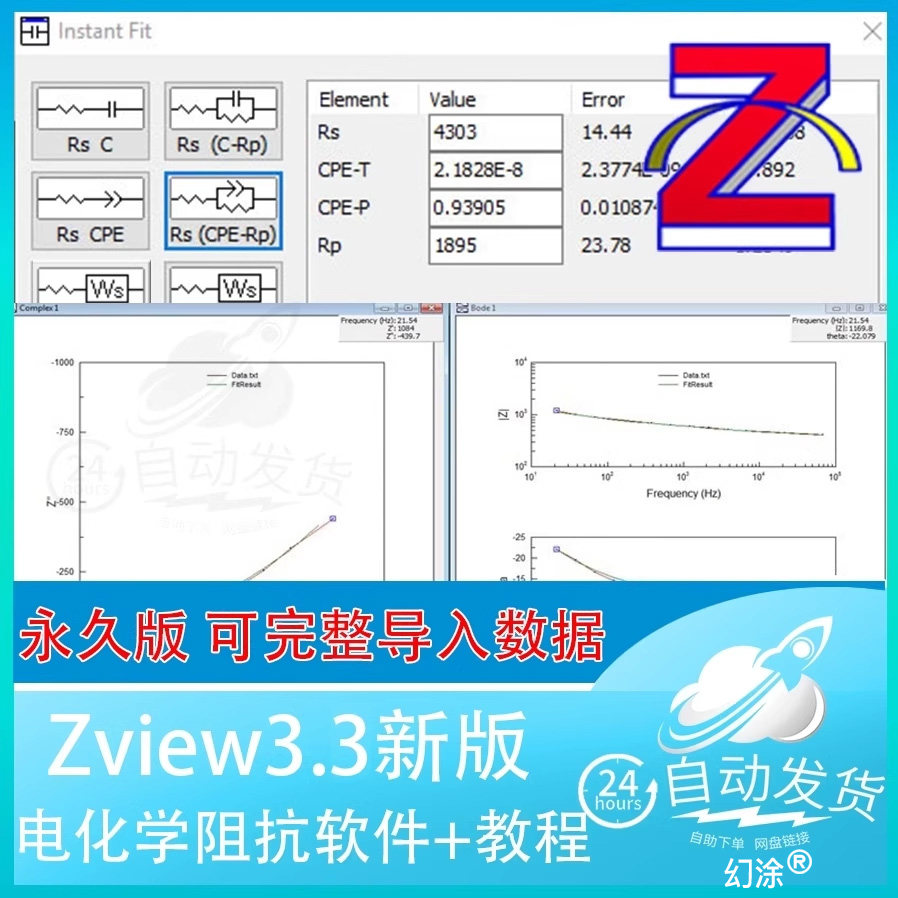 Zview 3.3 软件电化学阻抗谱拟合工具 可完整导入数据 专业永久版