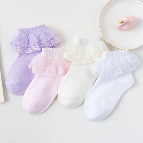 Хлопковые осенние тонкие летние детские кружевные носки для принцессы, средней длины