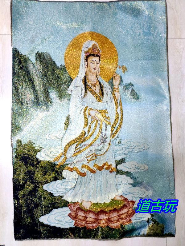 Guanyin Bodhisattva Antique Collection Calligraphy Painting Buddha Thangka Cloth Embroidery Banner Tibetan Buddha Statue Thangka