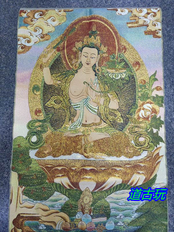 Tibetan Thangka Nepal Craft Gold silk Brocade painting Silk embroidery Buddha hanging painting Tibetan Buddha Manjushri Bodhisattva