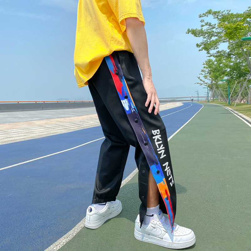 Side-Button Full-Open Jogger Pants for Men, Spring and Autumn Thin Style, Buttoned Sports Trousers, Loose Fit, Versatile Basketball Training Pants