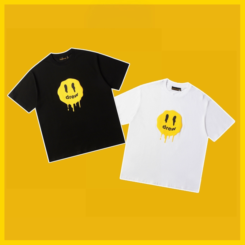 Quality-Tested Bieber-Style Smiley Face Dissolving Print Couple's Unisex Combed Cotton Loose-Fitting Versatile Short-Sleeve T-Shirt