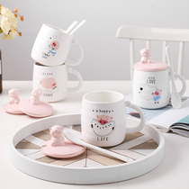 Creative ceramic cute pig cup with lid spoon cup Literary cartoon cup large capacity female milk cup