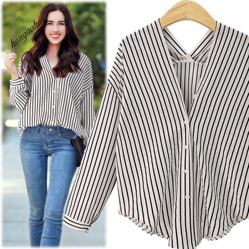 women shirts plus size collar short sleeve stripes tops