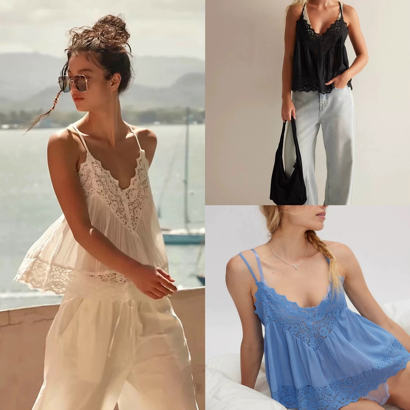 Free People European and American Fashion Retro Hollow Lace Patchwork V-Neck Loose Casual Sleeveless Camisole Free People European and American Fashion Retro Hollow Lace Patchwork V-Neck Loose Casual Sleeveless Camisole