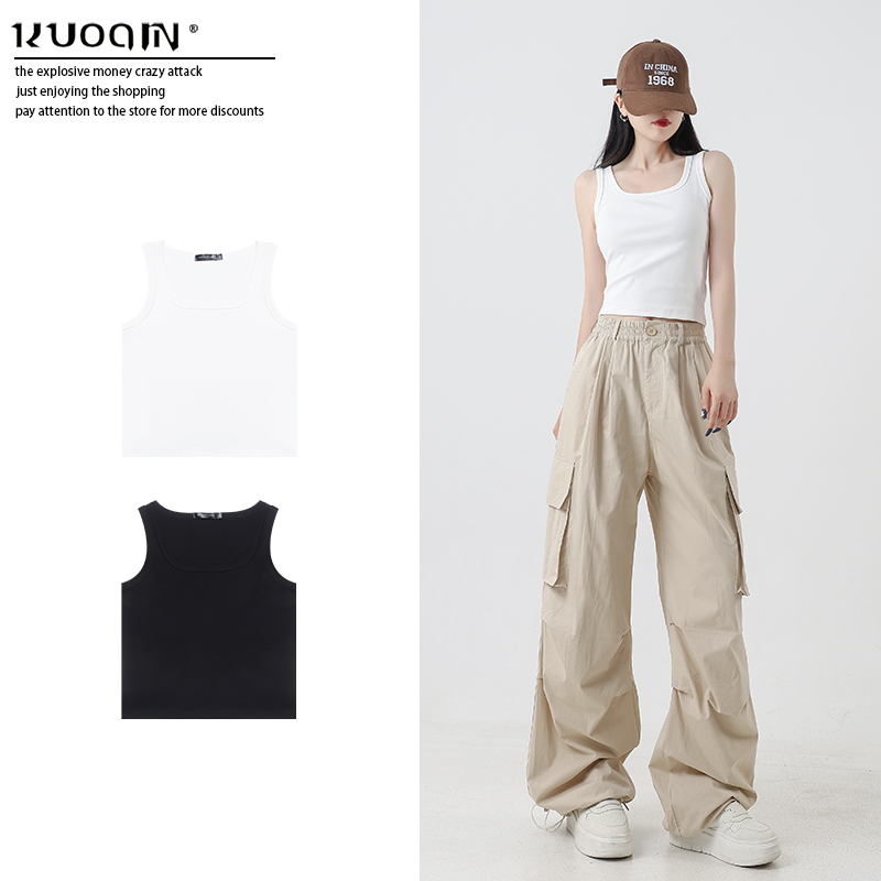 Kuoqin 230g Square-Neck Pure Cotton Camisole for Women, Summer Outerwear, Short Style, White and Black, Inner Wear U-Neck Tank Top