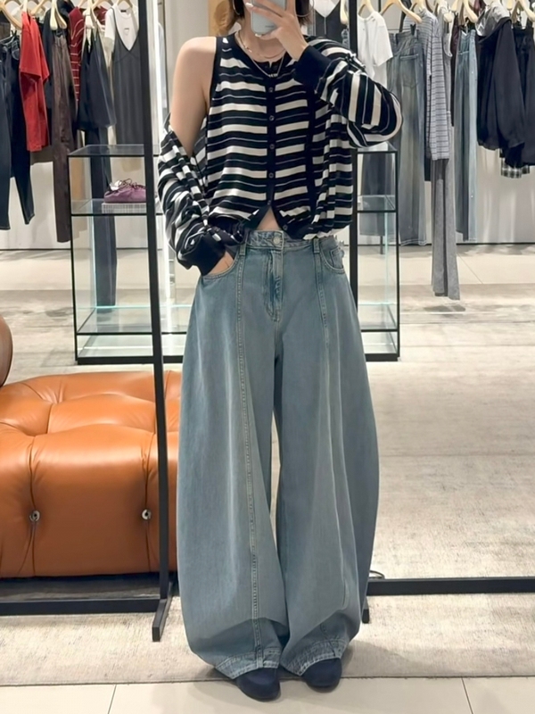 Original Store Version 2026 Autumn New High-Waisted Visible Stitching Design Loose Wide-Leg Balloon Jeans for Women