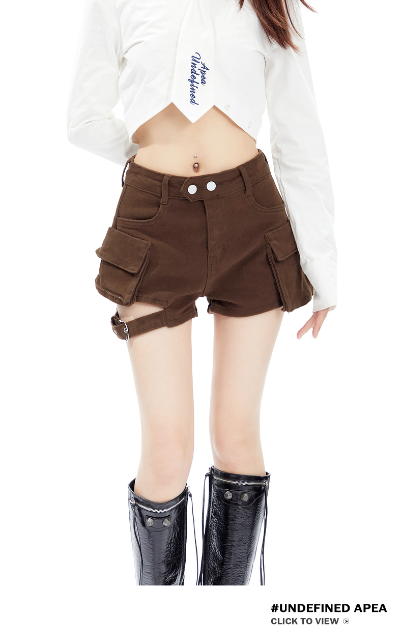 APEA春夏美式复古辣妹高腰牛仔短裤女时尚设计感两口袋工装短裤潮