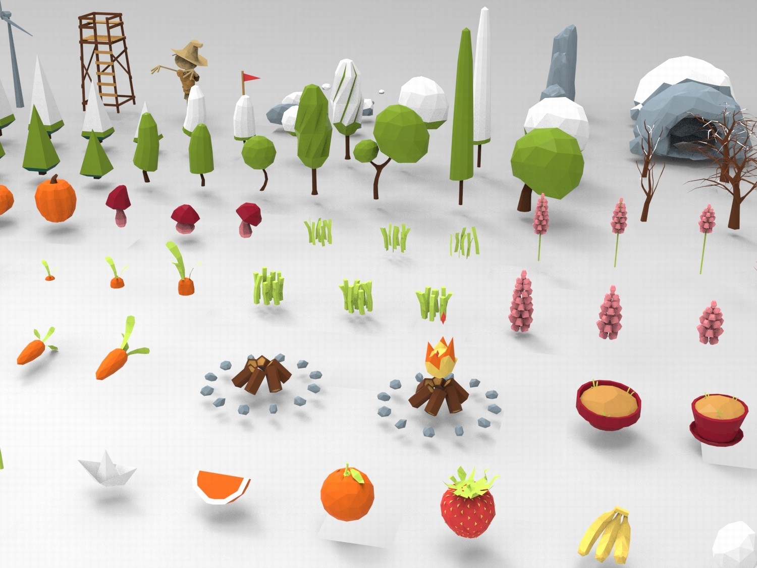 图片[2]-C4D低面卡通树木花草FBX山石水果STL蔬菜昆虫OBJ帐篷风车长椅素材-cg男孩