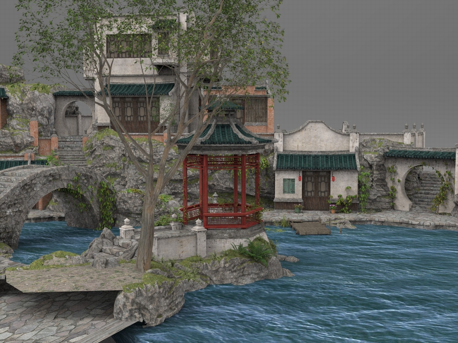 图片[2]-C4D传统民居群落FBX青瓦白墙OBJ石板路Blender石桥Maya场景3D素材-cg男孩