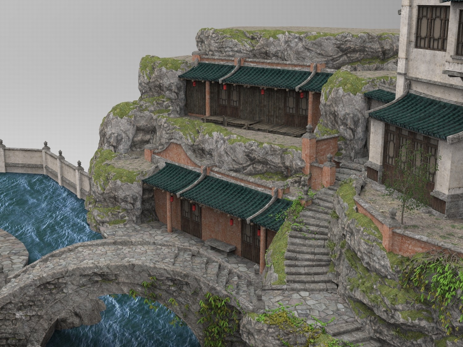 图片[4]-C4D传统民居群落FBX青瓦白墙OBJ石板路Blender石桥Maya场景3D素材-cg男孩