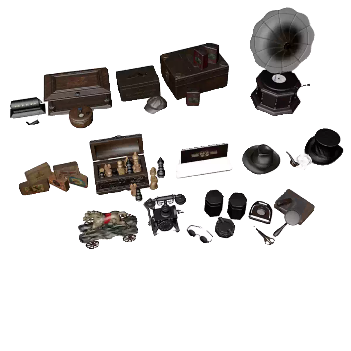 C4D FBX STL OBJ SU复古老物件留声机帽子电话剪刀烟斗盒子3D模型-cg男孩