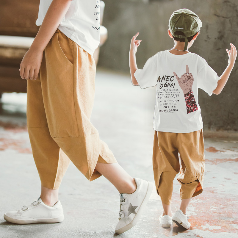 Boy's summer clothing season cotton linen seven pants shorts outside wearing CUHK Tong Han version Anti-mosquito pants Boys foreign air thin Pants Tide-Taobao