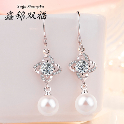 鑫锦双福S925银四叶草耳环