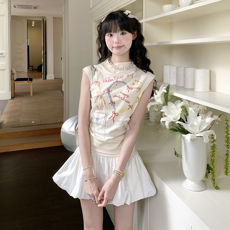 Mdada Bow Print Half-High Collar T-Shirt for Women, Summer Design, Sweet and Spicy, Slim Fit Sleeveless Tank Top