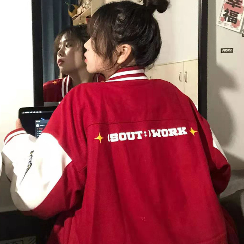 WORKSOUT (WKST) PU leather stitching pilot baseball uniform men's and women's woolen jacket coat trend VIBE style