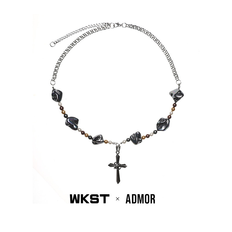WKST × ADMOR joint name Baroque Pearl Cross necklace of obsidian titanium steel for men and women