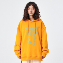 WORKOUT (WKST) FLAME SMALL BEAR PRINTED PLUS SUEDE Male And Female National Tide Card Lovers Loose Autumn Hooded Sweatshirt