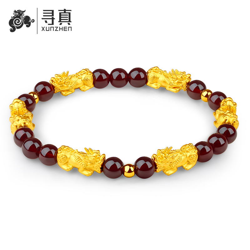 999 Pure Gold Pixiu Bracelet Women's Garnet Bracelet 3D Hard Gold Transfer Beads Lucky Pichu 24K Pure Gold