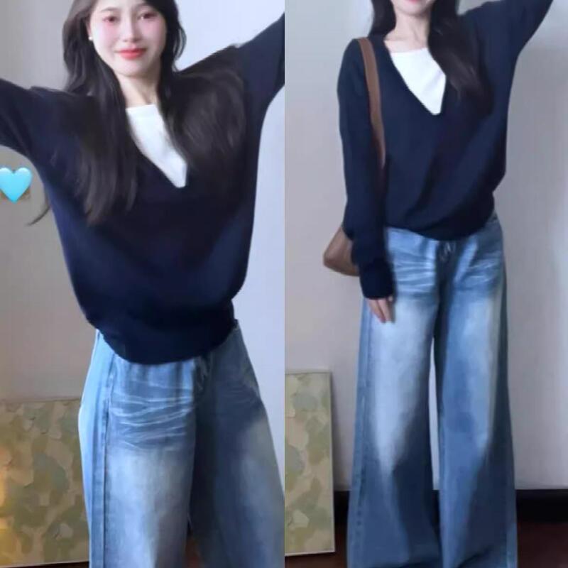 Lazy Style Soft and Cozy V-Neck Navy Blue Faux Two-Piece Knit Sweater for Women, Autumn and Winter College Style, Elegant Loose-Fitting Sweater Top