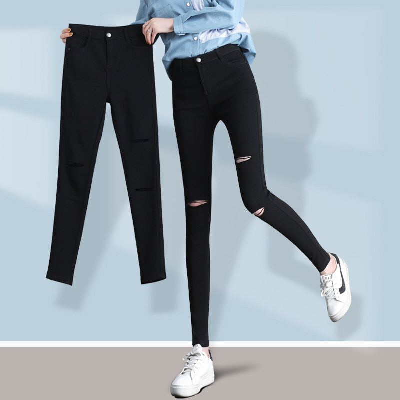 Broken Hole Inner lap pants woman outside wearing 2022 Spring and autumn section High waist display slim summer black small feet black pants pencil pants