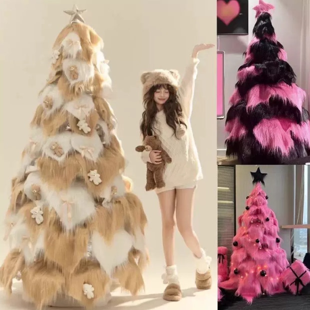 Christmas Furry Tree Decorations and Props for Photo Spots in Shops, Sales Offices, and Malls