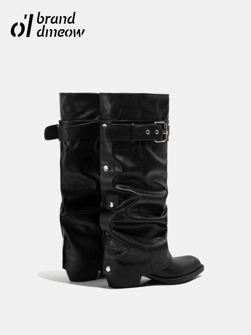 Black leather knee-high boots with buckled straps