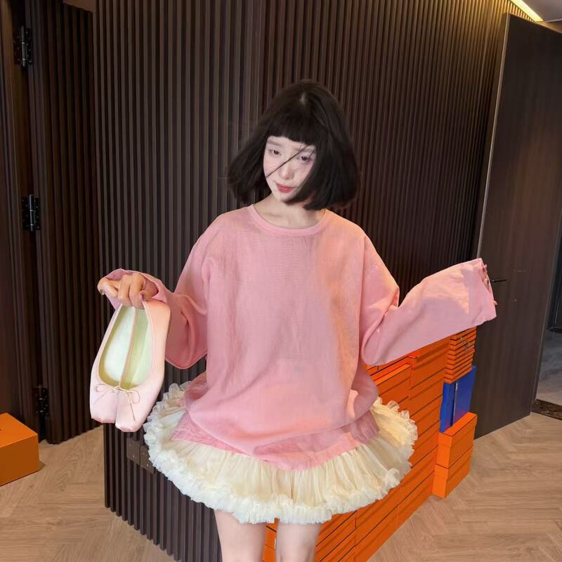 Wyd Little Cherry【Zhi Zhi Tao Tao】 Linen Gentle Round Neck Long Sleeve Loose Top