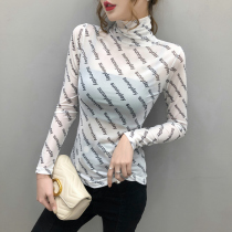 Spring and Autumn 2021 New Letter High Collar Skin-friendly Mesh Top Ice Silk Sunscreen Long Sleeve Lace base shirt Women