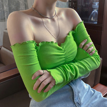 Shoulder avocado green long sleeve T-shirt female 2020 Summer new short slim collarbone top