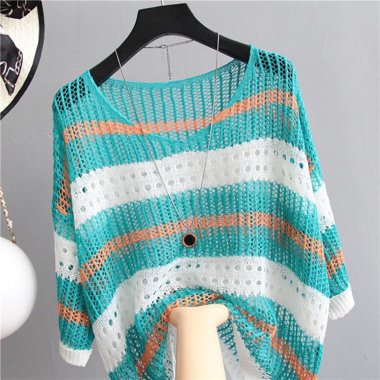 2019 đầu mùa thu Hàn Quốc phiên bản của mỏng knitshirt sọc lăm tay mới lỏng rỗng chống 嗮 đội mũ trùm đầu áo khoác đáy