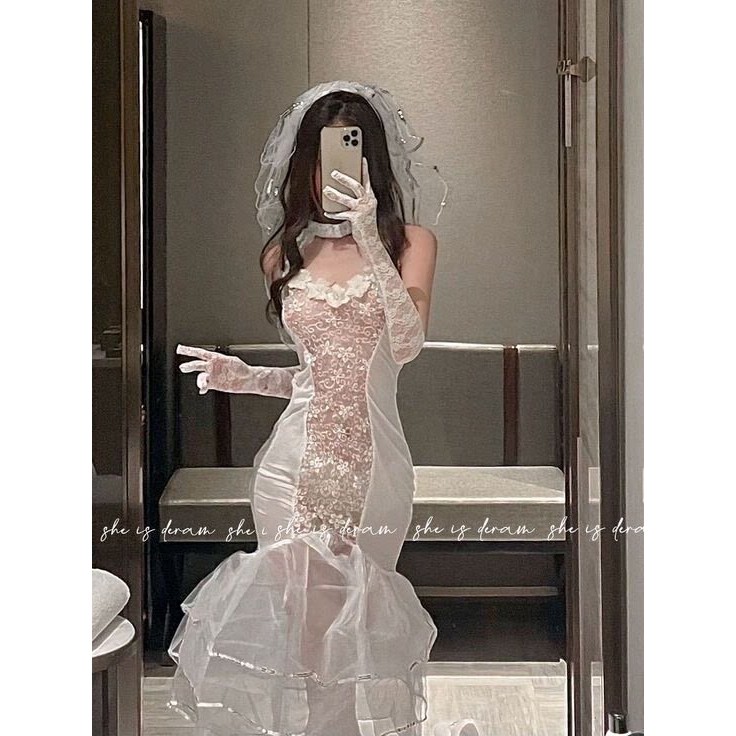 Sexy Bride High-End Sexy Wedding Dress Uniform Charming Embroidered Lace See-Through Long Dress Role Play