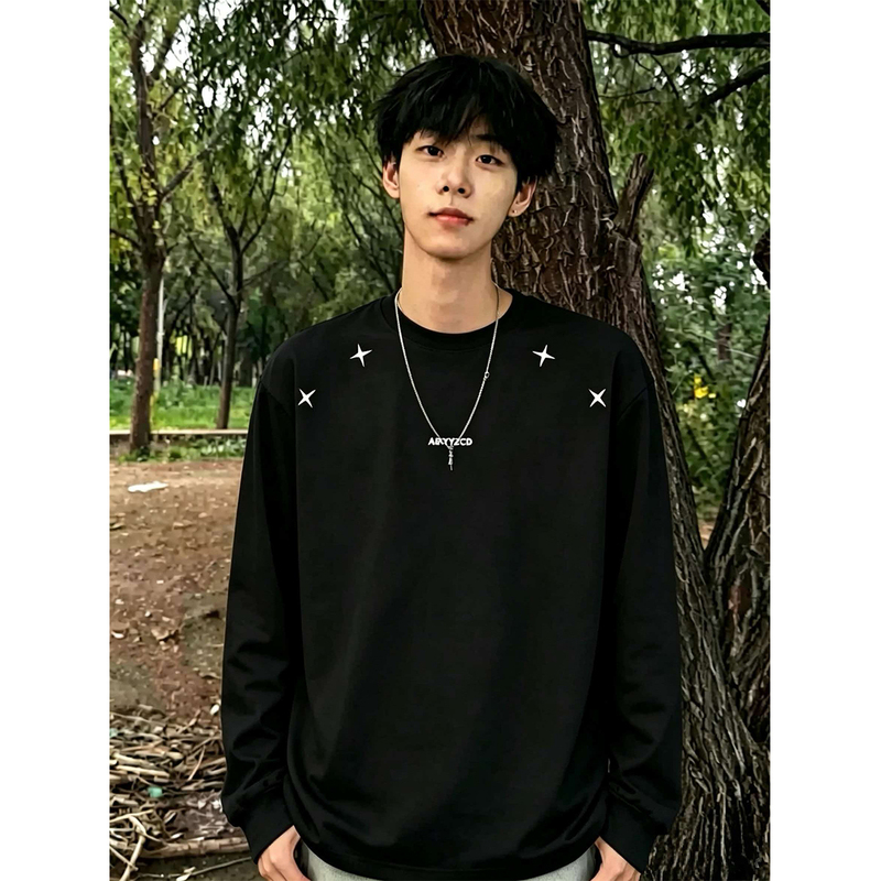 American-Style Trendy Brand Pure Cotton Black Printed Long-Sleeve T-Shirt for Men, Autumn Single-Layer Wear, Youth Base Layer Top American-Style Trendy Brand Pure Cotton Black Printed Long-Sleeve T-Shirt for Men, Autumn Single-Layer Wear, Youth Base Layer Top