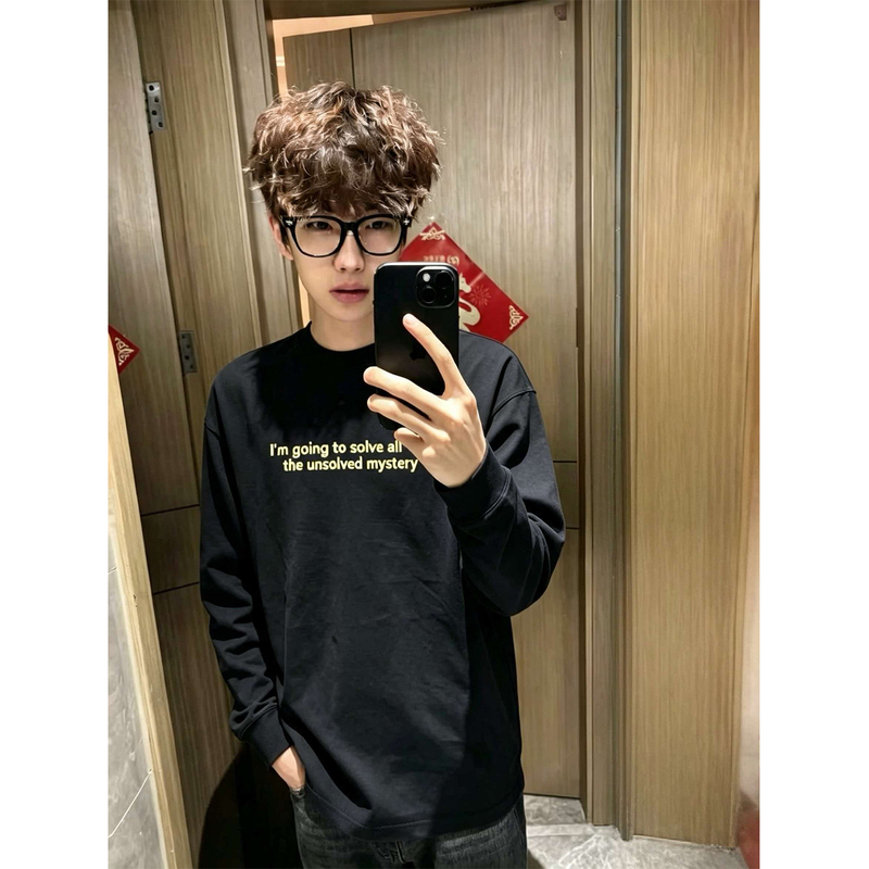 American Retro Lettered Pure Cotton Round Neck Long-Sleeved T-Shirt for Men 2026 Autum Youth Loose and Versatile Top