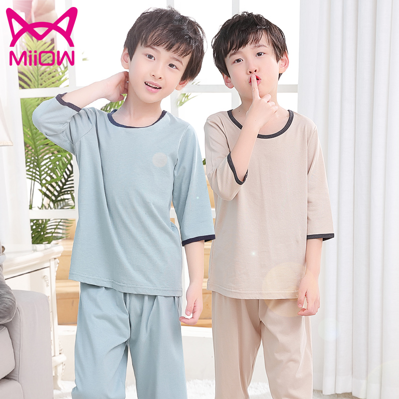 Cat man Boy pajama suit pure cotton boy middle and large children cotton short-sleeved children's air-conditioned home clothes summer thin section