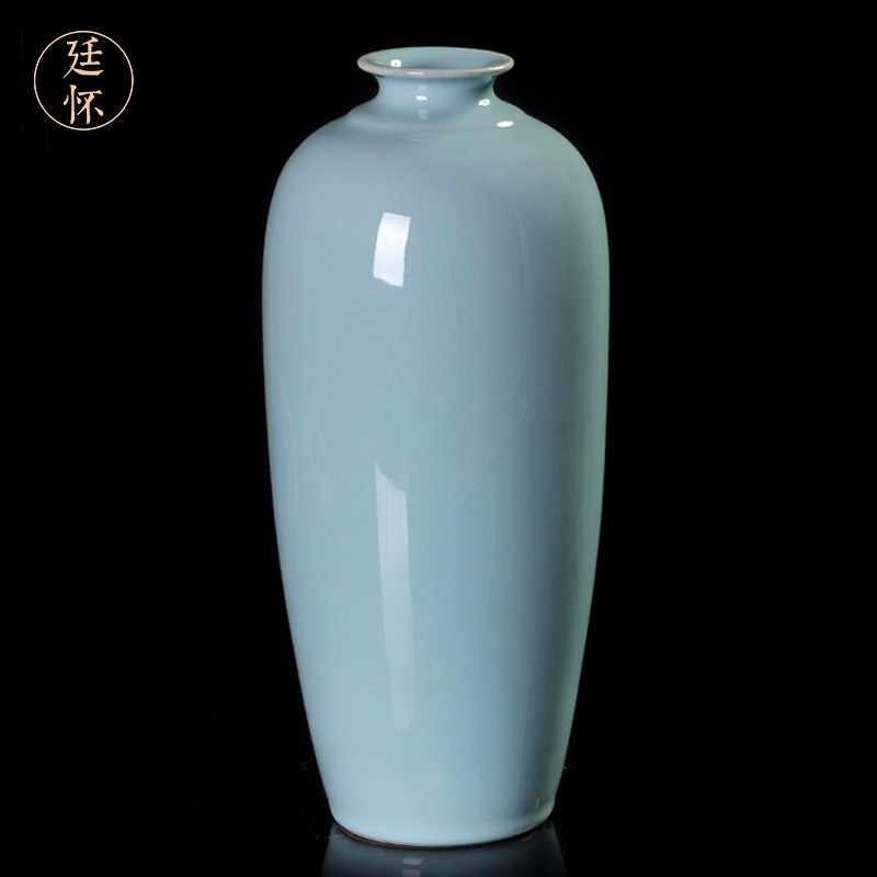 中国古玩 秘色窯 清風造 杓立 花器 花活 『窯変天青釉瓶』共箱 0620206L