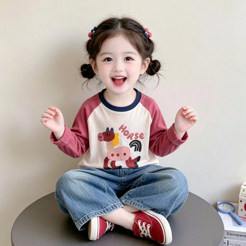 Annakids Korean Trendy Children's Clothing Girls' Pony Long-Sleeve T-Shirt Spring and Autumn New Baby Base Shirt Top
