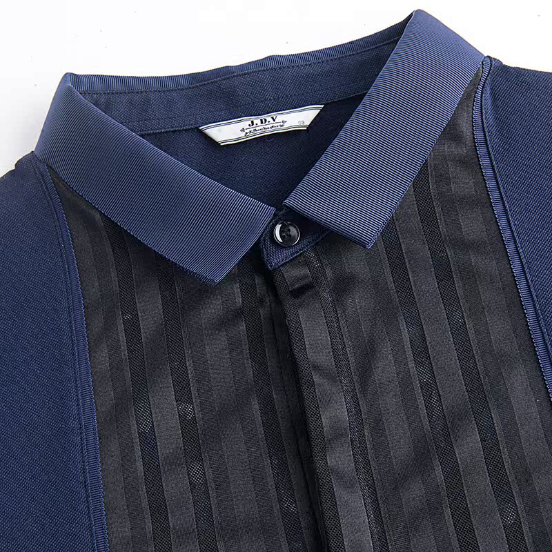 Summer Men Quần áo của Qingcang nam áo sơ mi thời trang SSP7338NVY Lưới stitching ngắn tay áo POLO